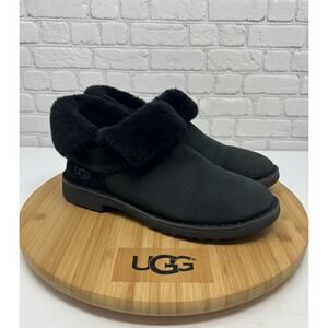 🔥UGG Classic 🤑Mini 🖤Black Suede Fur Cuffed Fold Over Boots Warm Winter Size 8